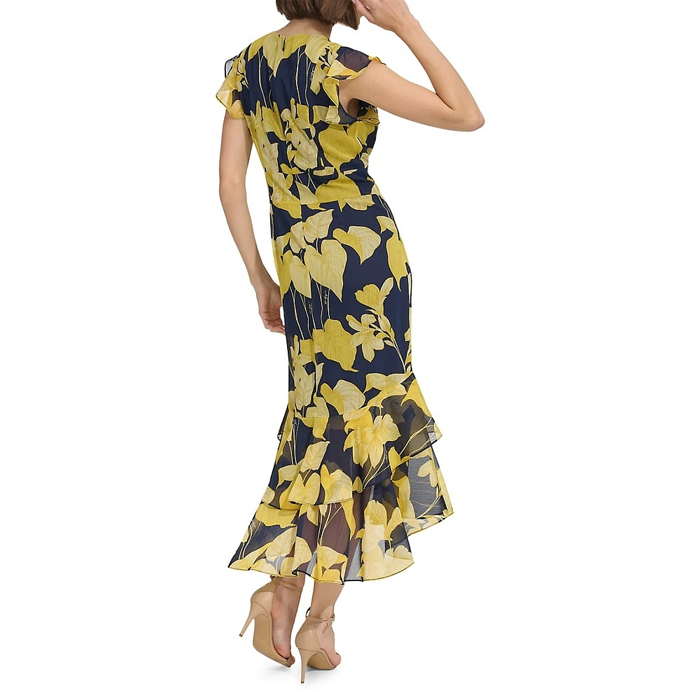 High-Low Tiered-Hem Floral ChiffonMidi Dress