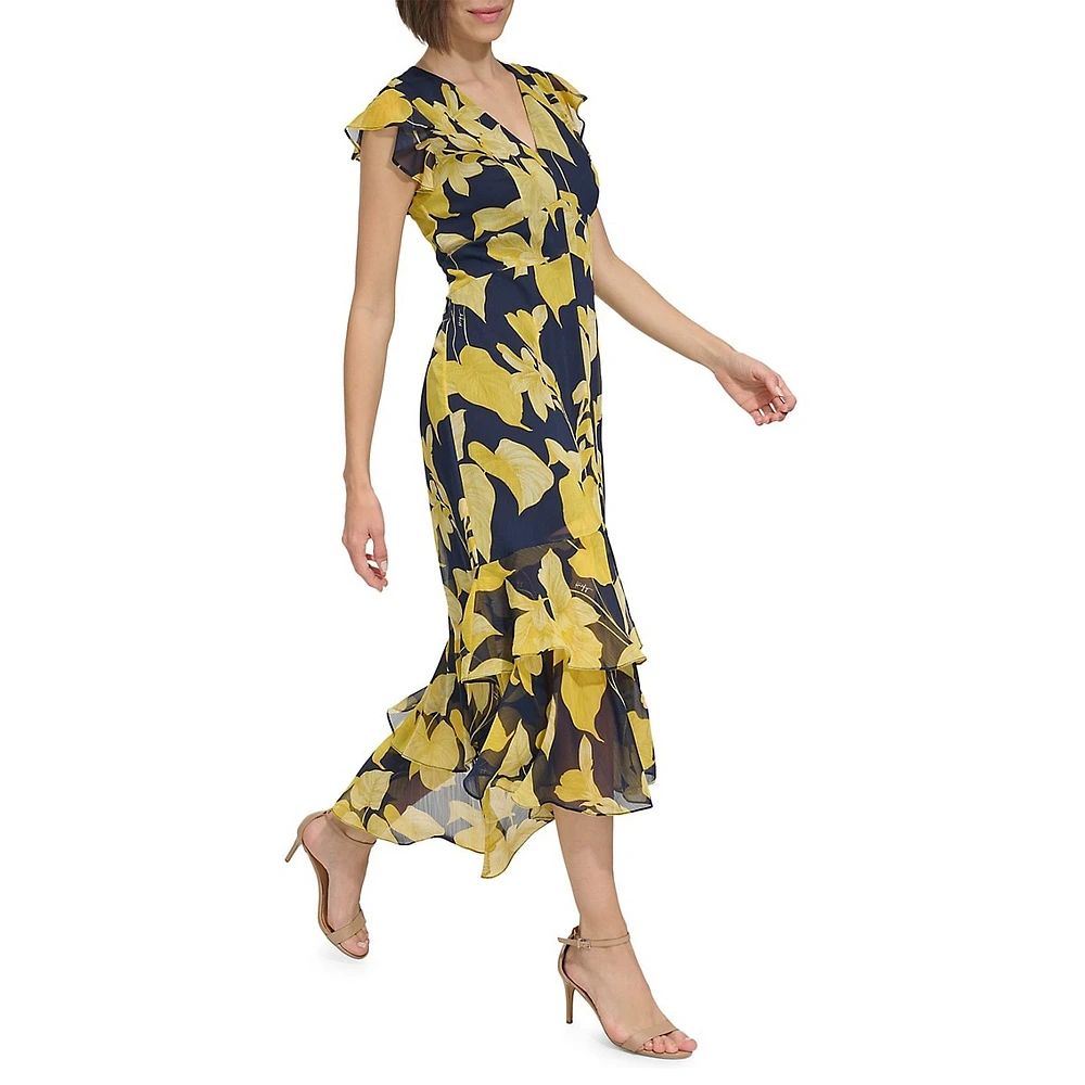 High-Low Tiered-Hem Floral ChiffonMidi Dress