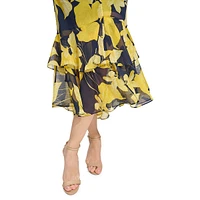 High-Low Tiered-Hem Floral ChiffonMidi Dress