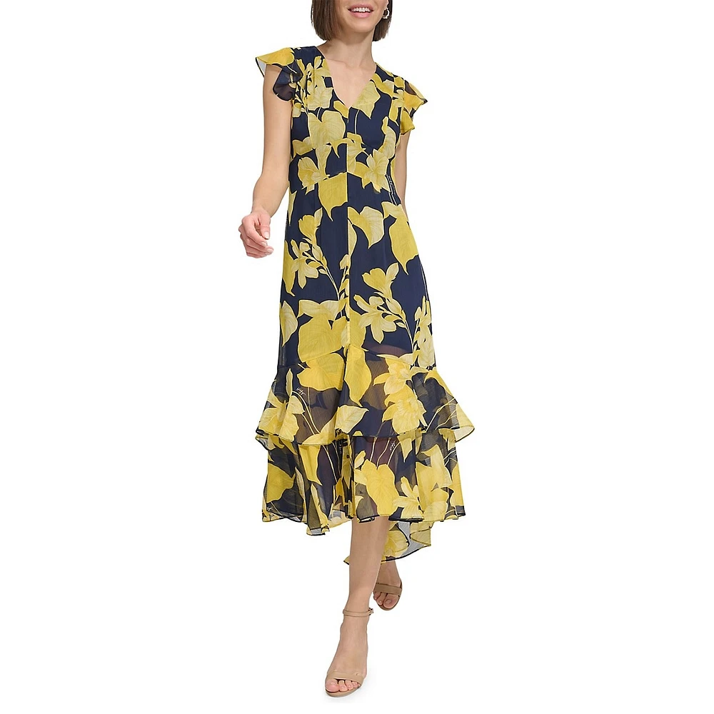 High-Low Tiered-Hem Floral ChiffonMidi Dress