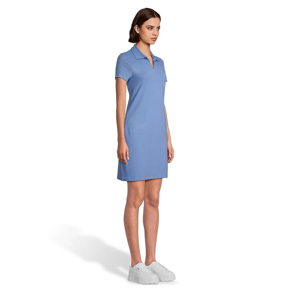 Johnny-Collar Mesh-Detailed Short-Sleeve Dress