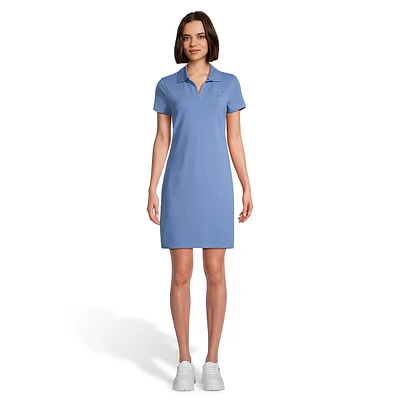 Johnny-Collar Mesh-Detailed Short-Sleeve Dress