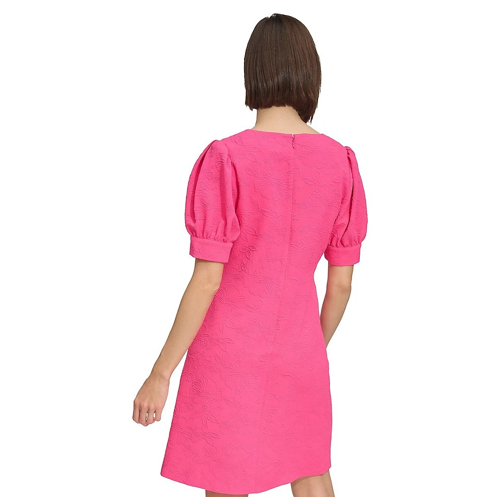 Blossom Jacquard Puff-Sleeve Short A-Line Dress