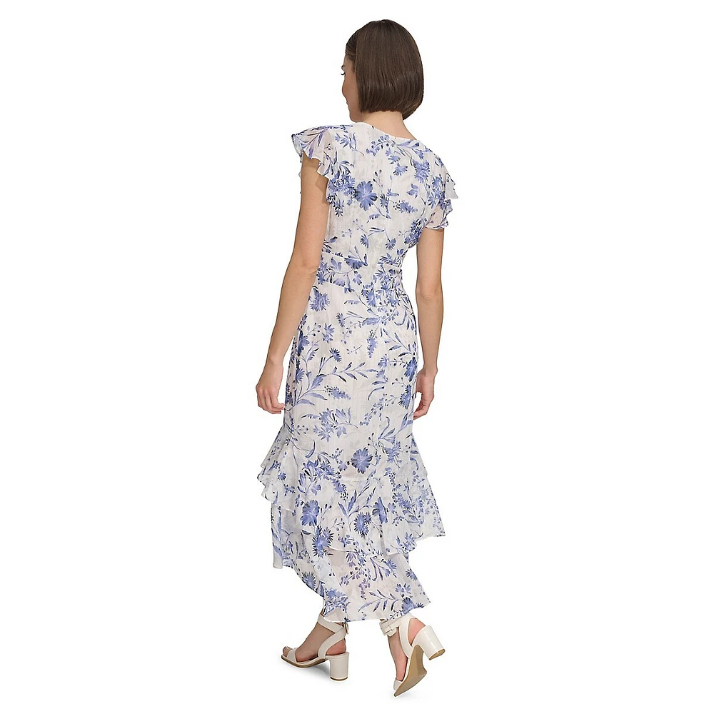 Floral Lurex Tiered Ruffle Chiffon Maxi Dress