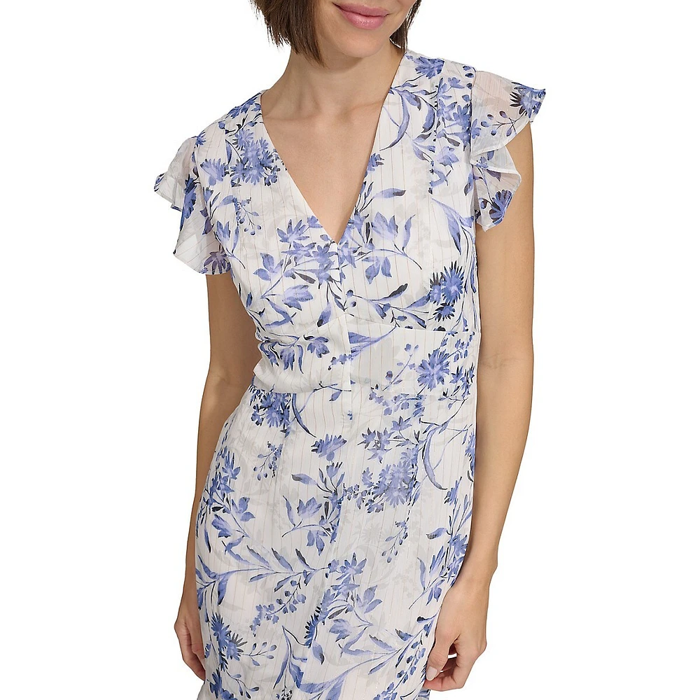 Floral Lurex Tiered Ruffle Chiffon Maxi Dress