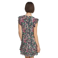 Mixed-Media Floral Ruffle Mini Dress