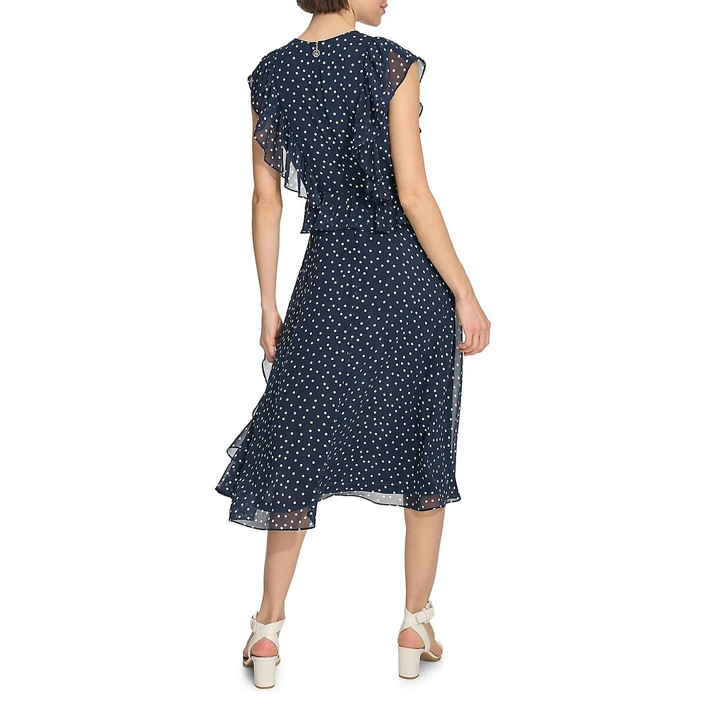 Dot Chiffon Ruffled Midi Fit-&-Flare Dress