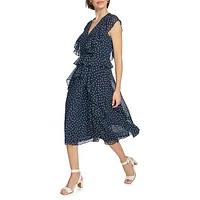 Dot Chiffon Ruffled Midi Fit-&-Flare Dress