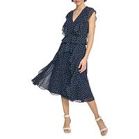 Dot Chiffon Ruffled Midi Fit-&-Flare Dress