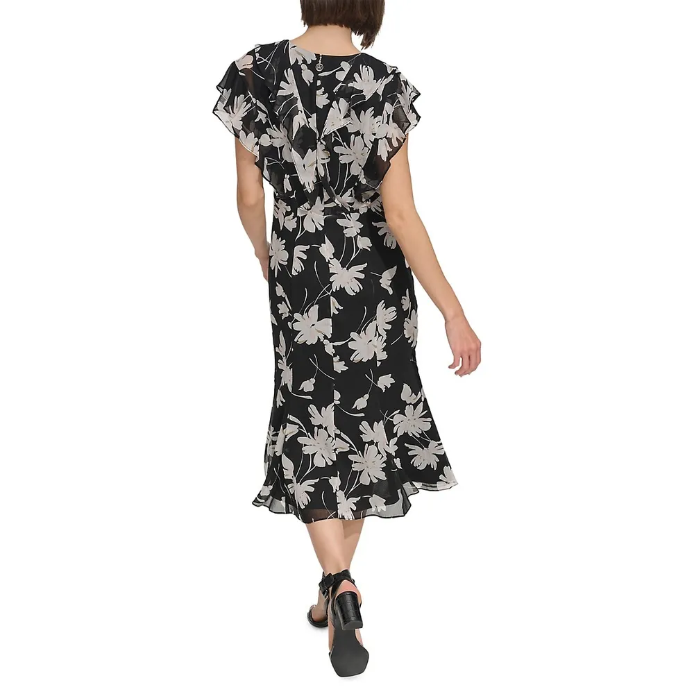 Floral Flutter-Sleeve Chiffon Midi Dress