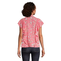 Ruffled Flutter-Sleeve Floral Blouse