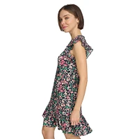 Robe droite fleurie à manches flottantes