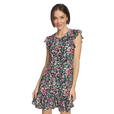 Robe droite fleurie à manches flottantes