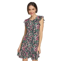 Robe droite fleurie à manches flottantes