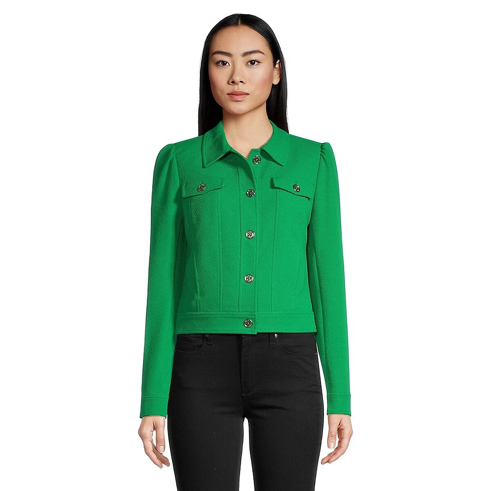 Long Puff-Sleeve Buttoned Cropped Jacket