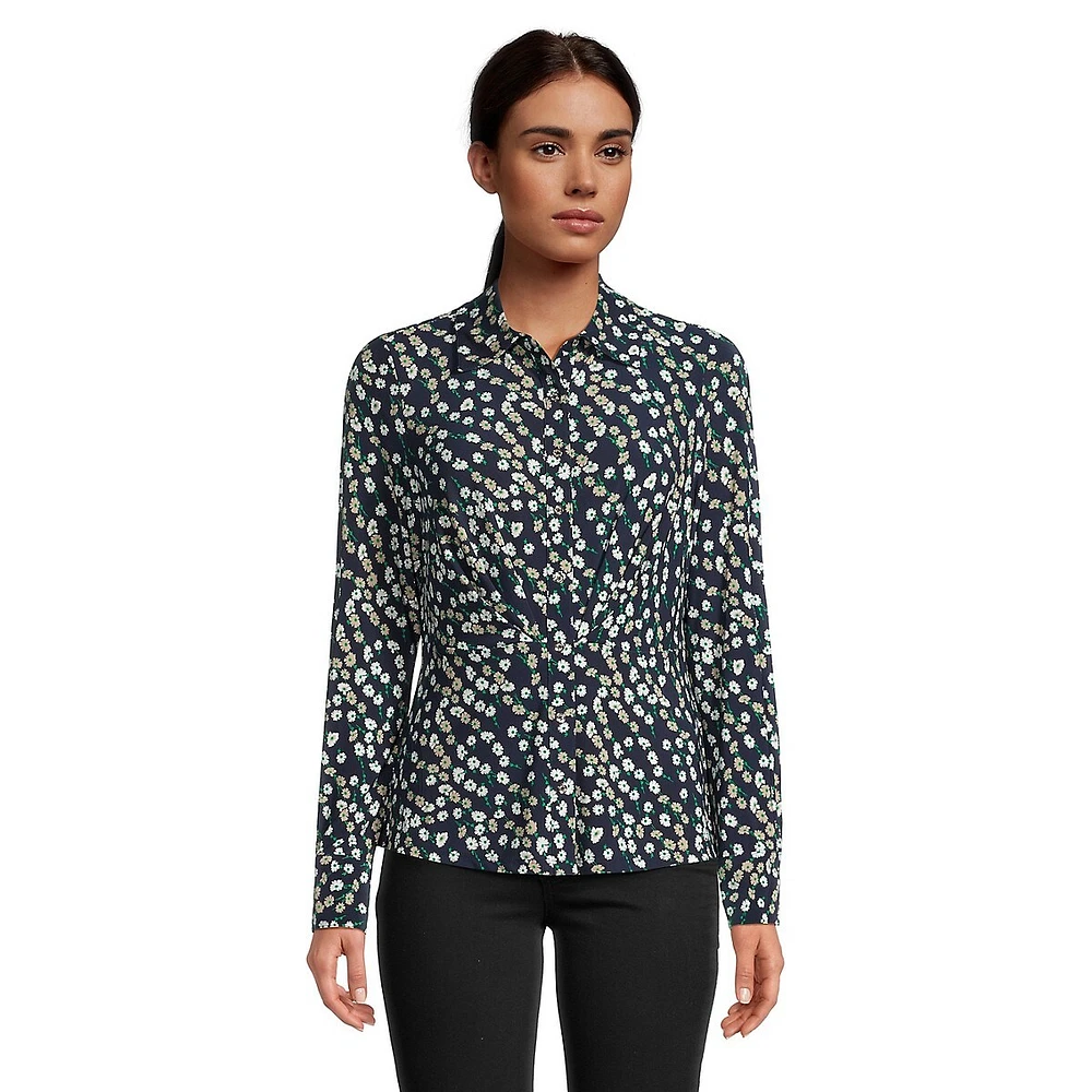 Floral-Print Gathered-Front Button-Down Shirt