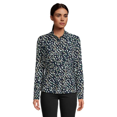 Floral-Print Gathered-Front Button-Down Shirt