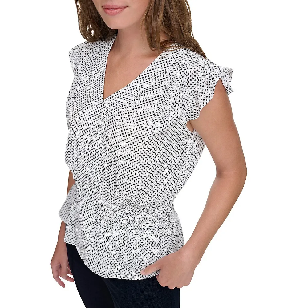 Ruffle-Sleeve Shirred-Waist Polka-Dot Peplum Blouse