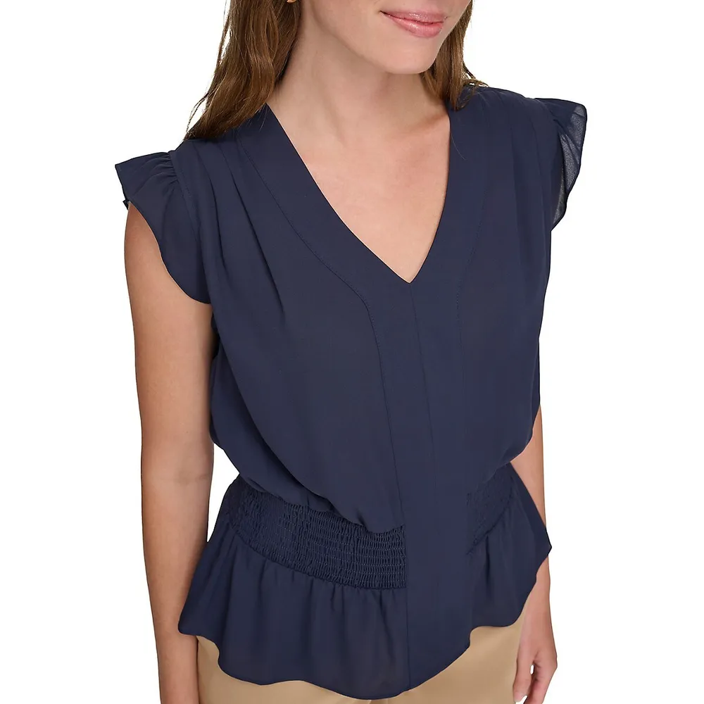 Ruffle-Sleeve Shirred-Waist Peplum Blouse