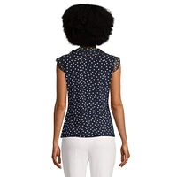 Dotted Ruffle-Front Sleeveless Blouse