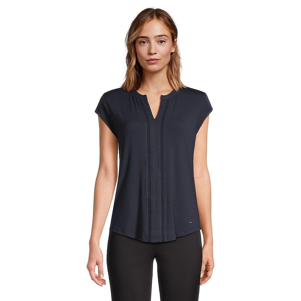 Splitneck Ladder-Trim Blouse