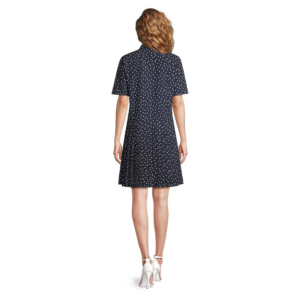 Dotted Drop-Waist Pleated Shirt Dress