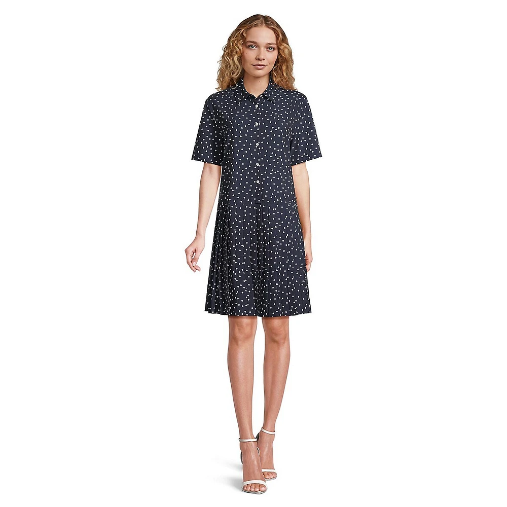Dotted Drop-Waist Pleated Shirt Dress
