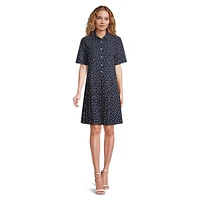 Dotted Drop-Waist Pleated Shirt Dress
