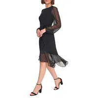 Mesh Flutter-Hem Faux Wrap Dress