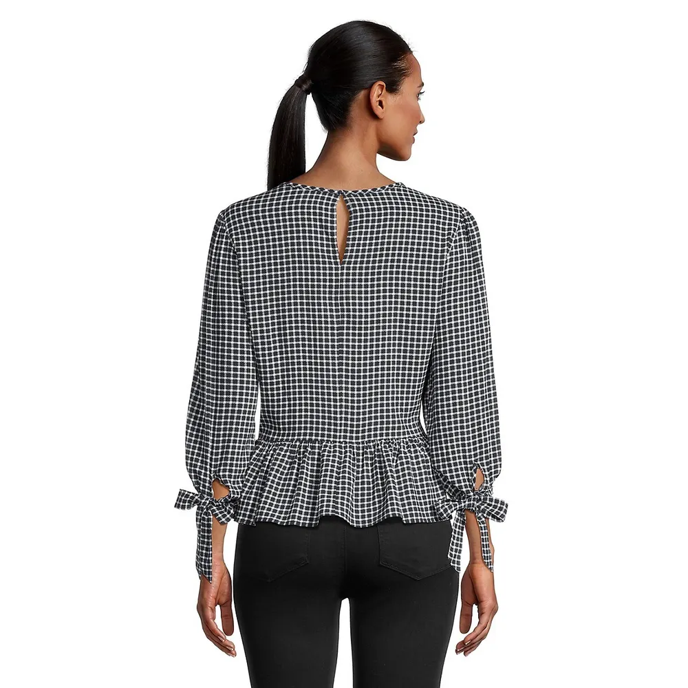 Check Smocked Tie-Sleeve Peplum Top