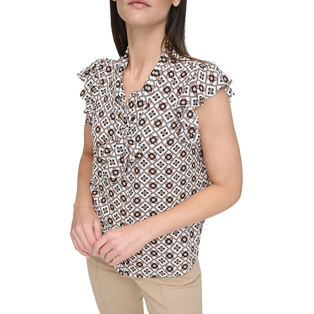 Haut à motif argyle col noué et manches flottantes