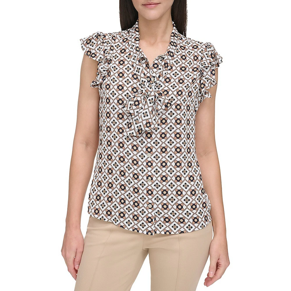 Haut à motif argyle col noué et manches flottantes