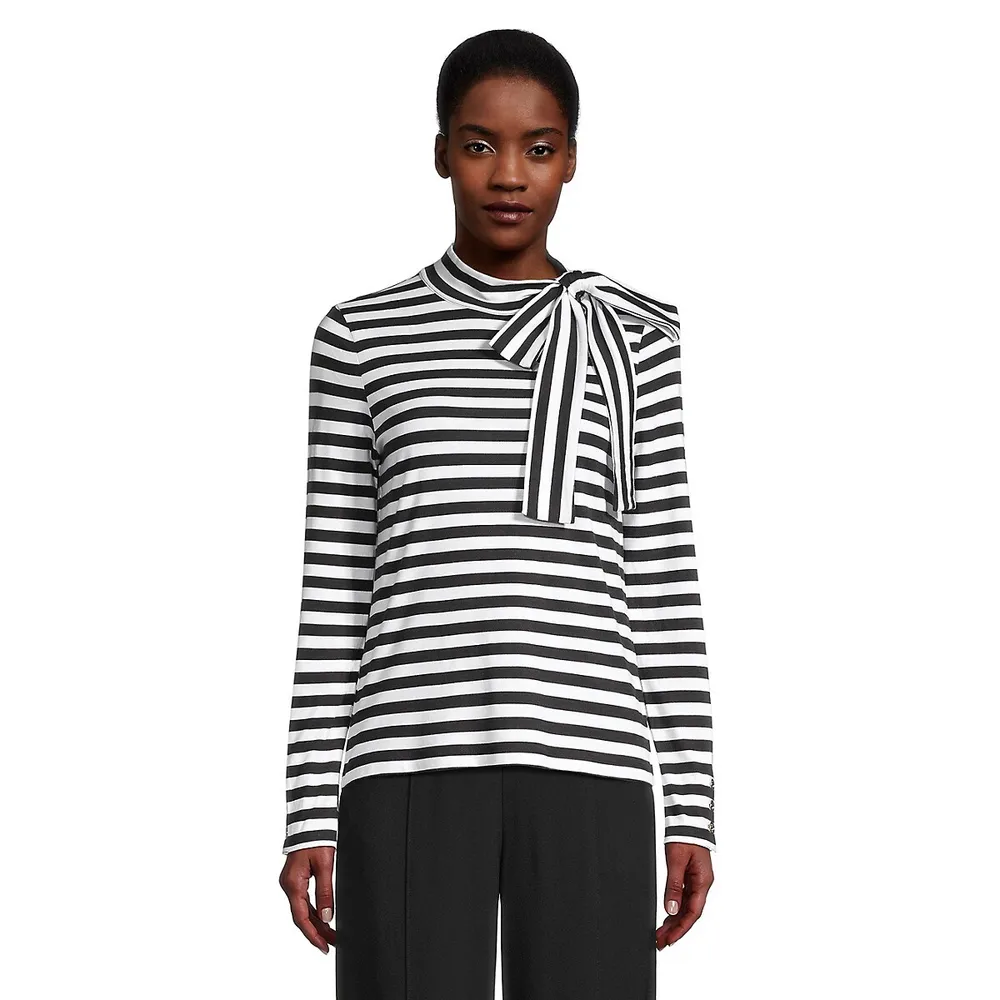 Striped Tie-Neck Long-Sleeve Top