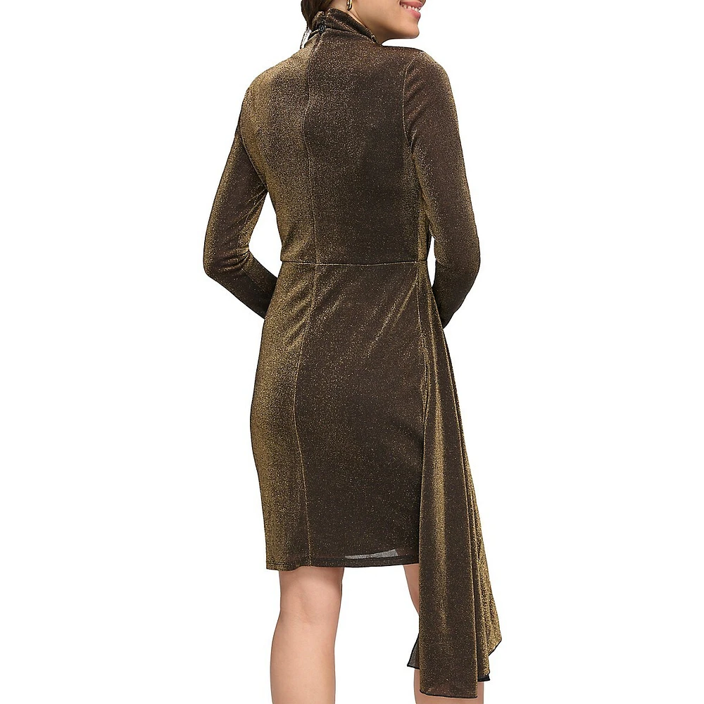 Shimmer-Knit Mockneck Drape Dress