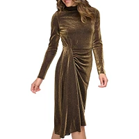 Shimmer-Knit Mockneck Drape Dress