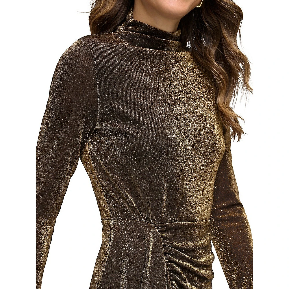 Shimmer-Knit Mockneck Drape Dress