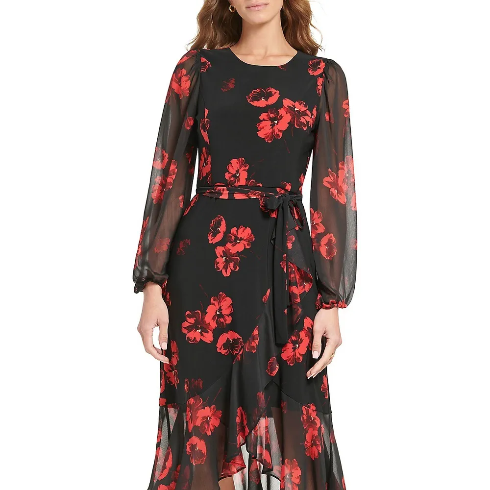 Tied Illusion Floral Midi Dress