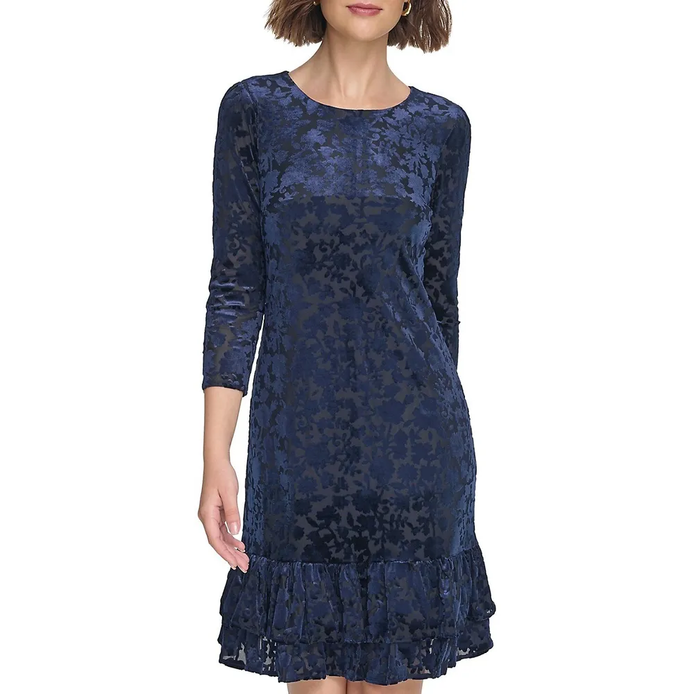 Floral Velvet Ruffle-Hem Dress