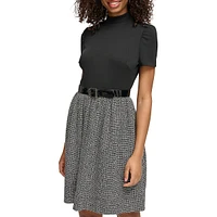 Mixed Media Belted Fit And Flare Dress