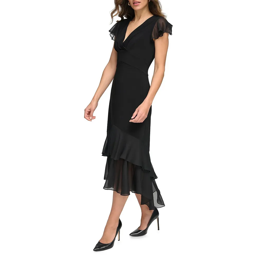 Jersey and Chiffon High-Low Midi Dress