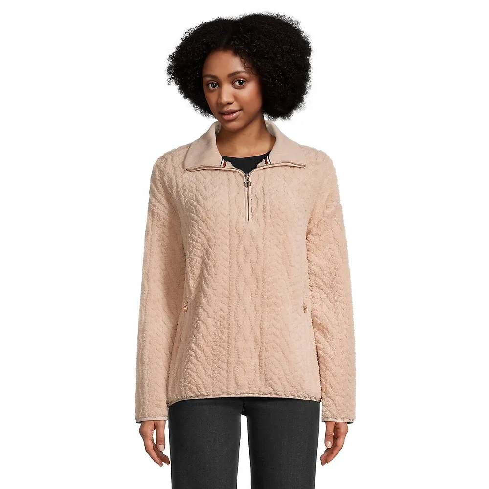 Cable-Knit Faux Shearling Half-Zip Pullover