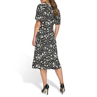 Puff-Sleeve V-Neck Empire Ikat Floral Dress