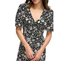 Puff-Sleeve V-Neck Empire Ikat Floral Dress