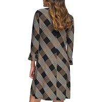 Crackle Plaid Pleat-Cuff Shift Dress