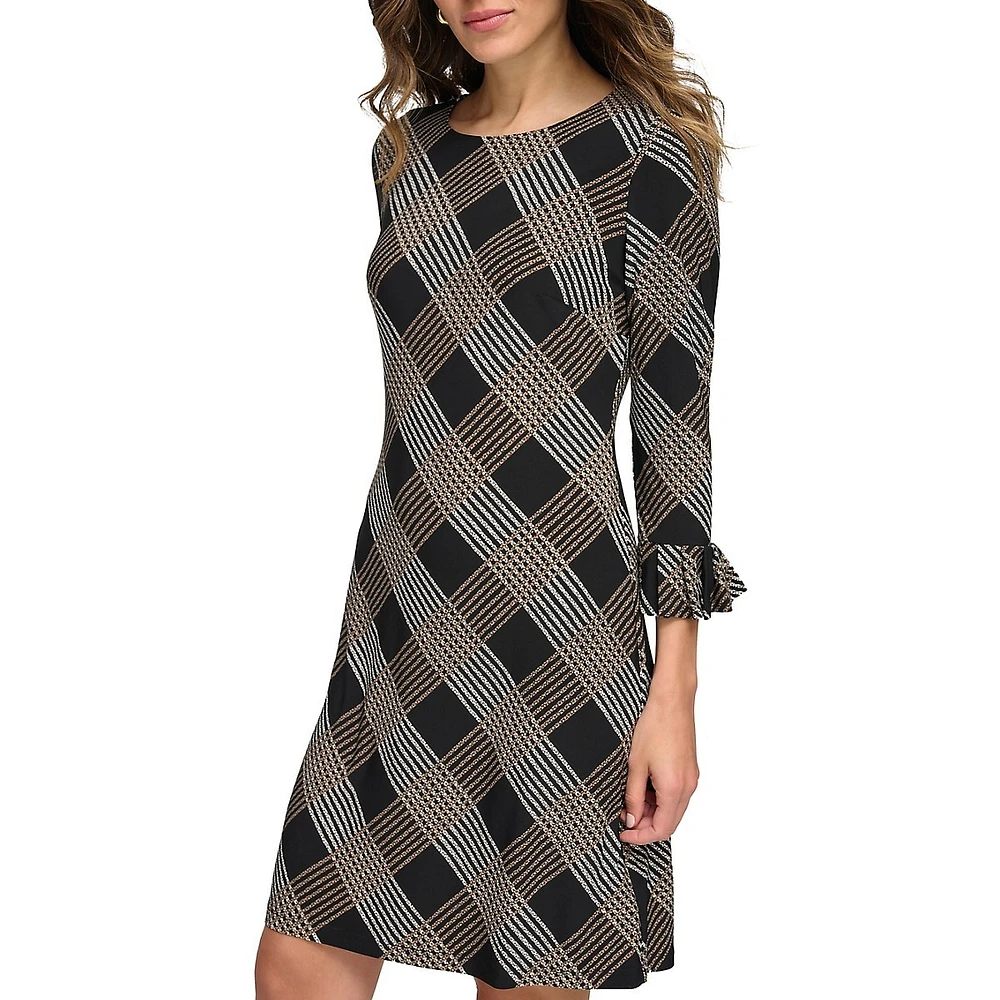 Crackle Plaid Pleat-Cuff Shift Dress