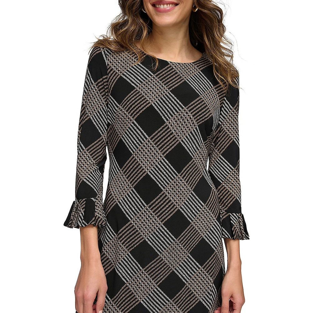 Crackle Plaid Pleat-Cuff Shift Dress