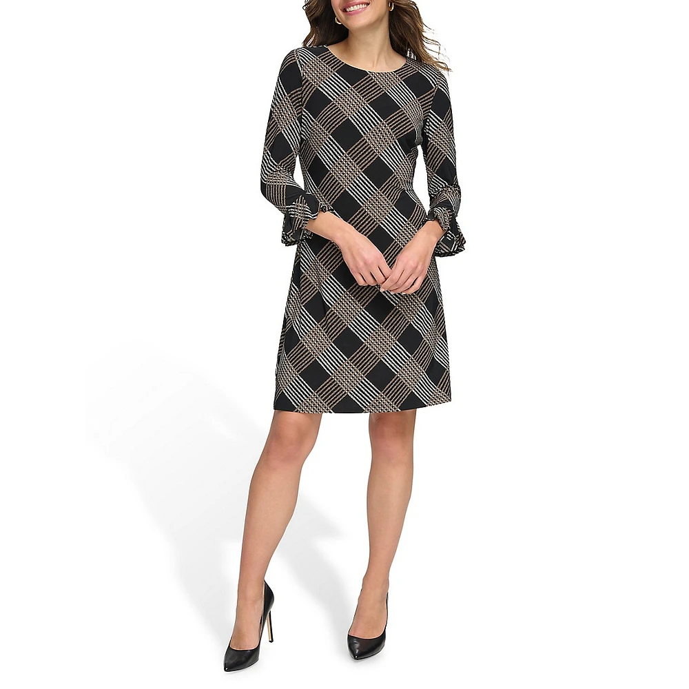 Crackle Plaid Pleat-Cuff Shift Dress