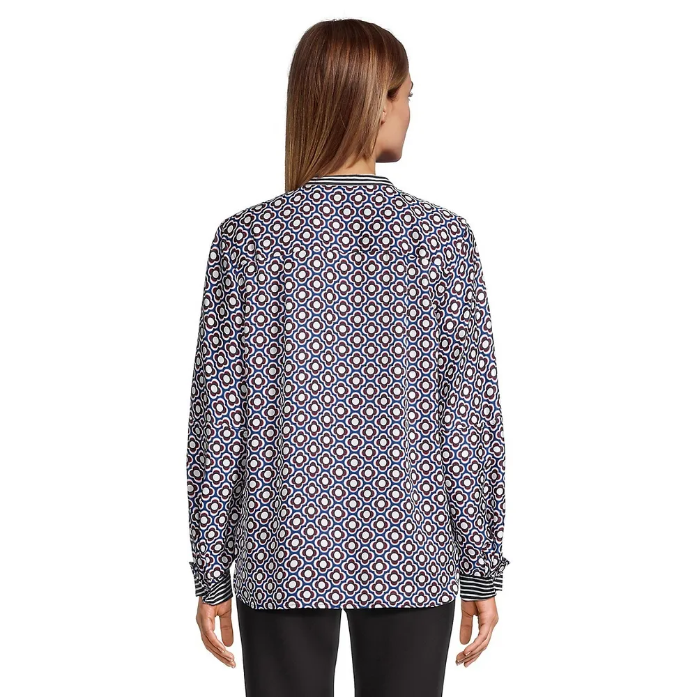 Geo Floral-Print Collarless Blouse