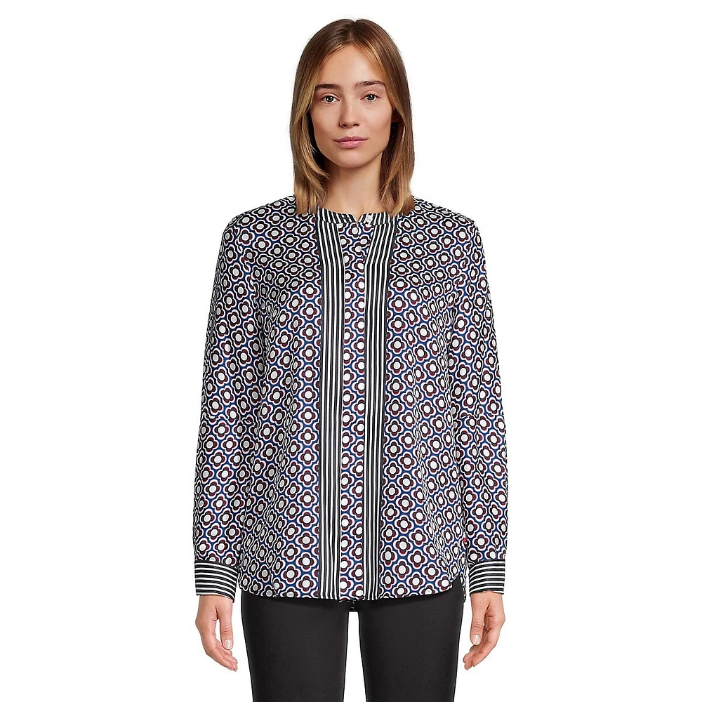 Geo Floral-Print Collarless Blouse