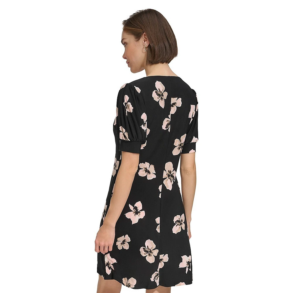 Floral Puff-Sleeve Jersey Shift Dress